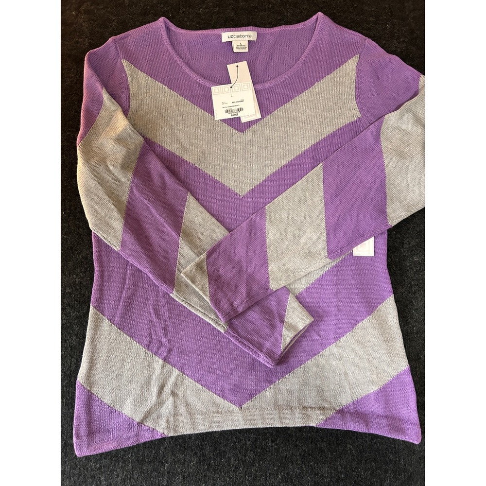 Liz Claiborne Women Royal Lavender Multi Chevron Knit Sweater Large 851-2164 NEW